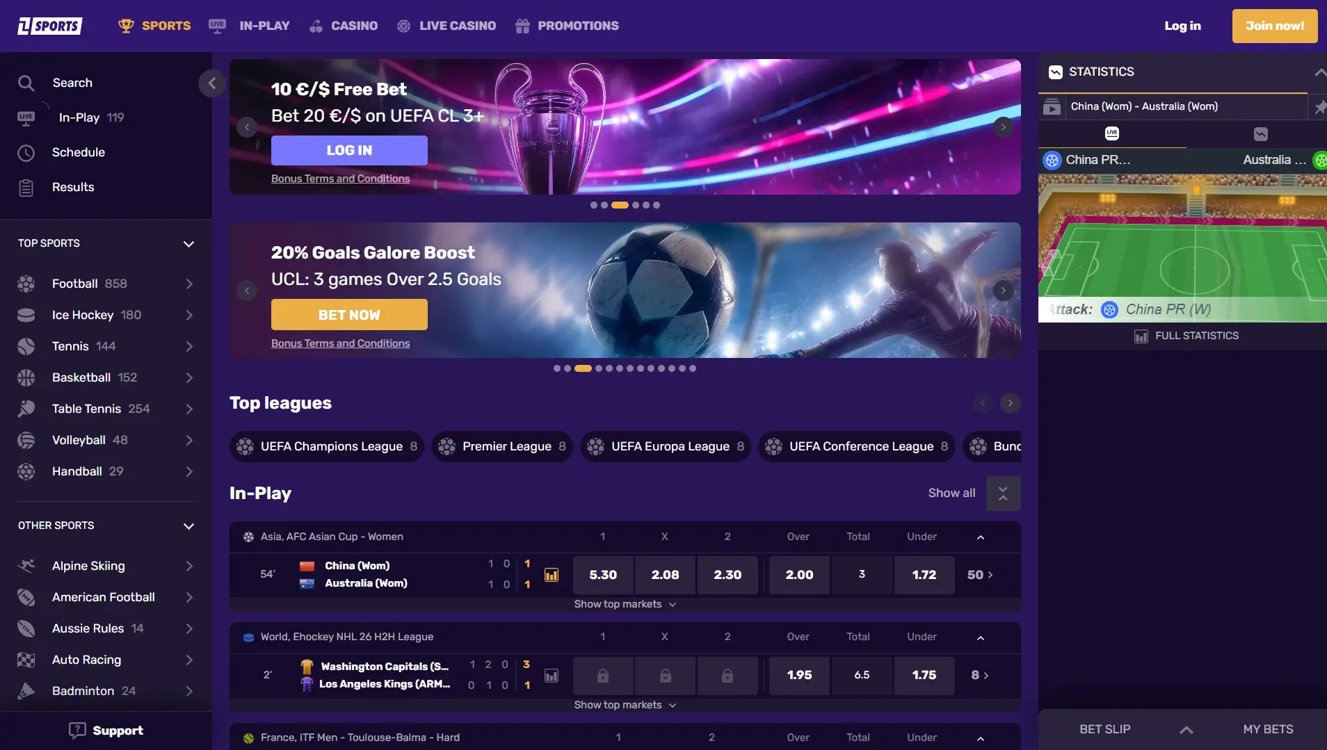 Pagina Sportsbook LetsLucky con scommesse live, principali campionati e quote In-Play